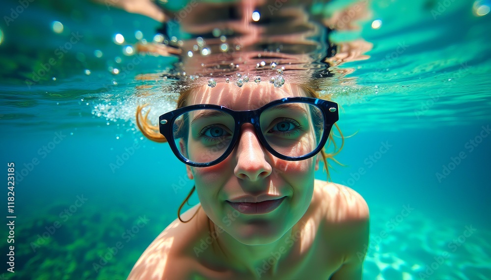 Naklejka premium Woman with glasses underwater, turquoise water, summer vibes.