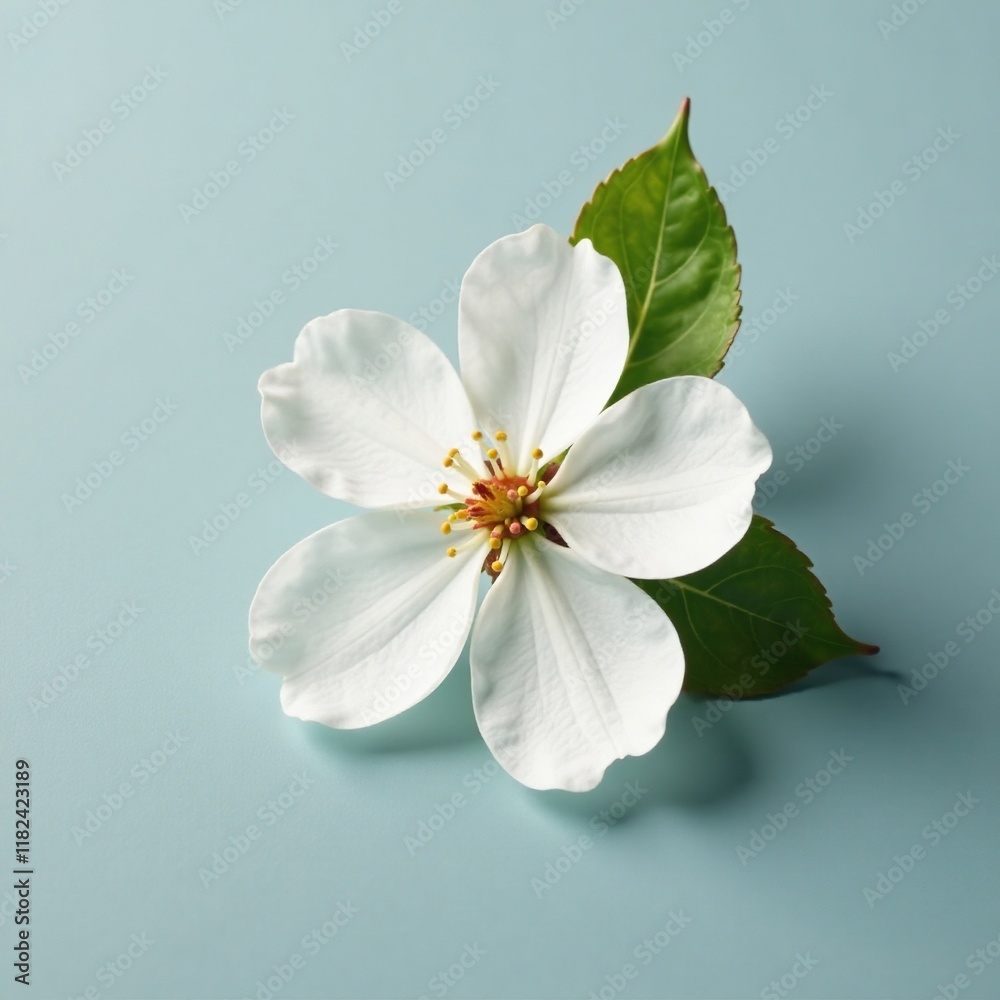 Single white hawthorn blossom on a flat surface with subtle shadows, small, light Single white hawthorn blossom on a flat surface with subtle shadows, small, light