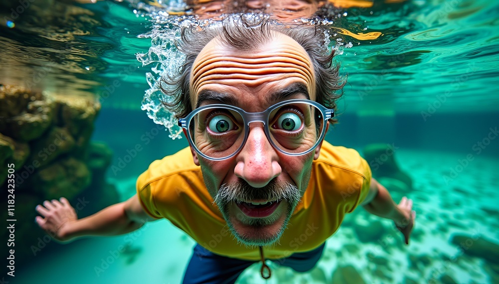 Fototapeta premium Man with glasses underwater, surprised expression. Clear, turquoise water, playful mood.