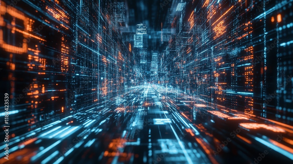 Glowing data streams form digital cityscape. Glowing data streams form digital cityscape.