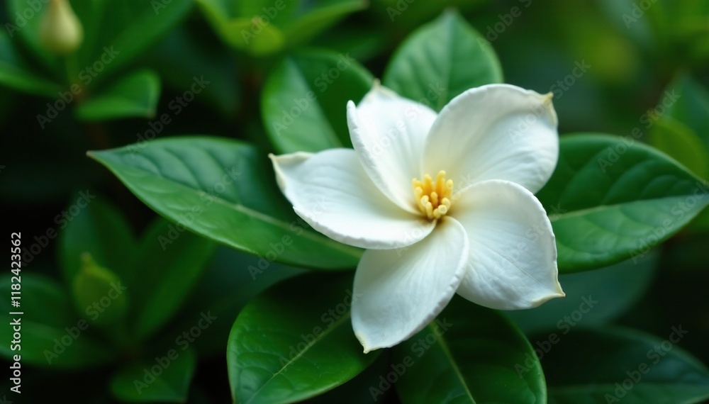 Fragrant white gardenia blooms on dark foliage, jasminoides, vegetation Fragrant white gardenia blooms on dark foliage, jasminoides, vegetation