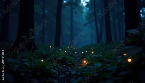 Glowing fireflies in a dark forest underbrush, dark, bioluminescent, glowing