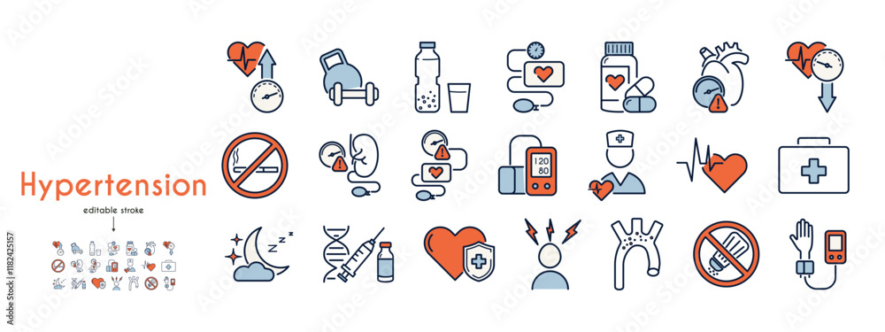 Hypertension color icon set. Heart, tonometer, blood pressure, pulse, vascular disease, prevention, hypertensive crisis, normal sleep, physical activity vector illustration Editable Strokes