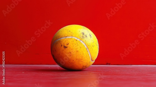 A dirty yellow tennis ball sits on a red surface. Ideal for sports blogs, websites, or social media posts related to tennis, recreation, or active lifestyles. photo