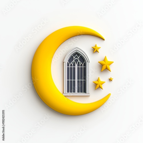 An Arabic star ornament, crescent, and window on a white backdrop. A creative concept for Islamic holidays such as Ramadan Kareem or Eid al-Fitr or Eid al-Adha, featuring a text area and a 3D photo