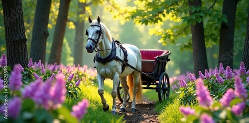 Lilac-adorned horse-drawn carriage ride through a forest, flowers, forest