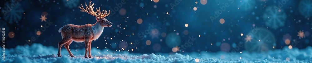 Obraz premium Sparkly swarf on a reindeer against a dark blue snowy background with scattered snowflakes and twinkling lights, snowflakes, winter, reindeer