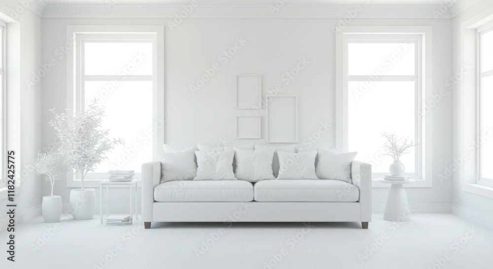 Minimalist White Interior with Sofa, Windows, and Blank Frames Minimalist White Interior with Sofa, Windows, and Blank Frames