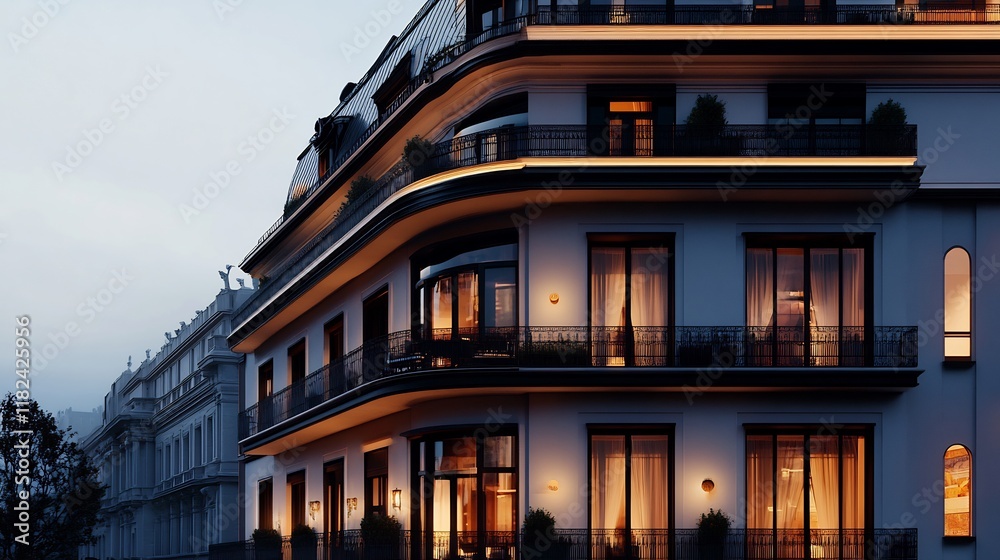 Obraz premium Elegant European-Style Apartment Building at Dusk