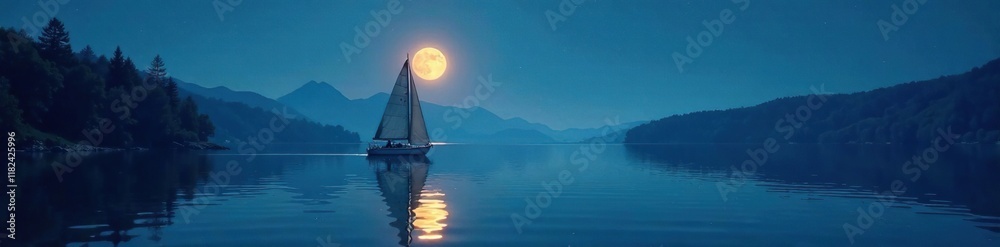 Fototapeta premium A sailboat glides effortlessly across the still surface of a moonlit lake, reflection, moonlight