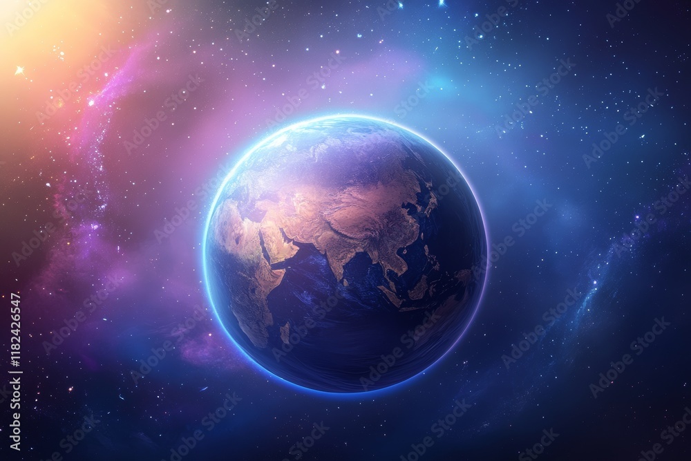 Blue and orange planet with a bright sun in the background Blue and orange planet with a bright sun in the background