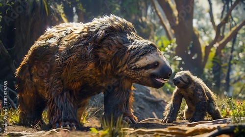 The Giant Ground Sloth, belonging to the extinct family Megatheriidae, was a remarkable herbivorous mammal that roamed the Americas during the Pleistocene epoch. These colossal creatures could weigh u photo