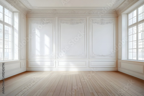 Empty white room with white wall decorated with plaster molding, wooden floor and big window. Studio or office blank space. Empty template for interior product. Background for branding design showcase