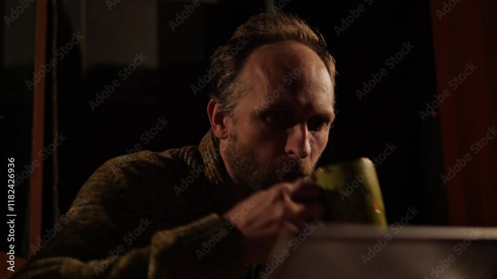 Close-up of a middle-aged man taking a sip of tea in his dimly lit kitchen at night. The warm glow of the light and the steam rising from the mug create a cozy and comforting atmosphere Close-up of a middle-aged man taking a sip of tea in his dimly lit kitchen at night. The warm glow of the light and the steam rising from the mug create a cozy and comforting atmosphere