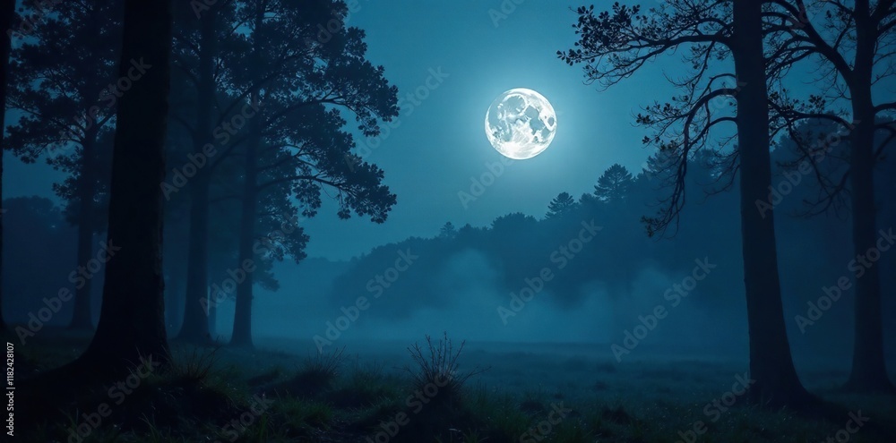 Silvery full moon glowing through misty forest, nighttime, full moon, ambiance Silvery full moon glowing through misty forest, nighttime, full moon, ambiance