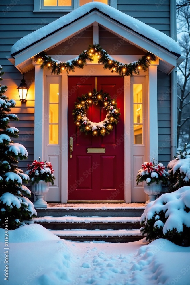 Fototapeta premium Snow-covered porch with bright Christmas wreath, exterior, doorway