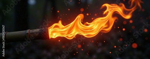 Blazing bamboo torch lit against the darkness, flame, hot