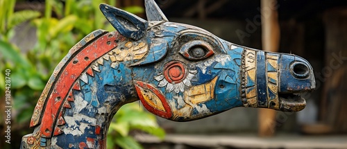 Colorful carved horse head, village setting photo