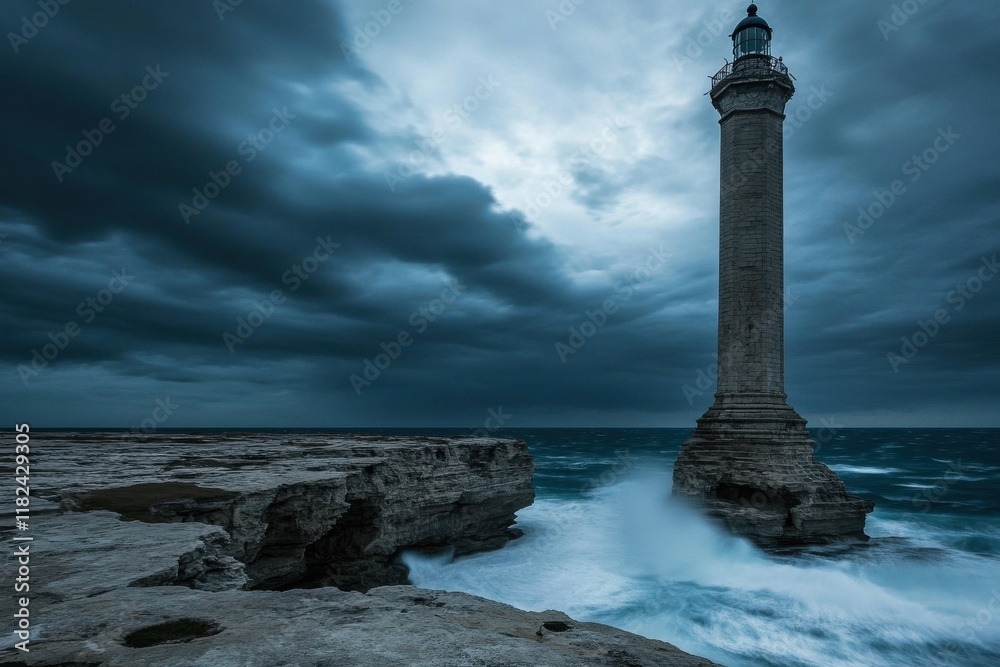 Fototapeta premium Lighthouse on dramatic coast under stormy sky. Waves crash against the rocky shore.