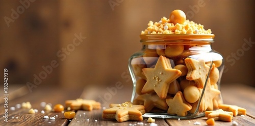 Golden star-shaped cookie jar filled with salted caramel, jar, photo