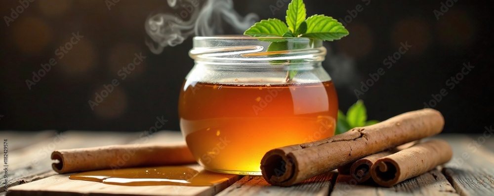 Steaming honey with cinnamon sticks in a glass jar, steam, liquid,