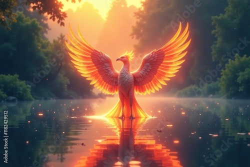 Radiant phoenix rises from serene lake surface glowing with ethereal light, radiant, peaceful