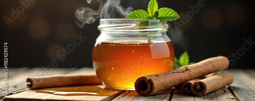 Obraz na płótnie Steaming honey with cinnamon sticks in a glass jar, steam, liquid, w salonie