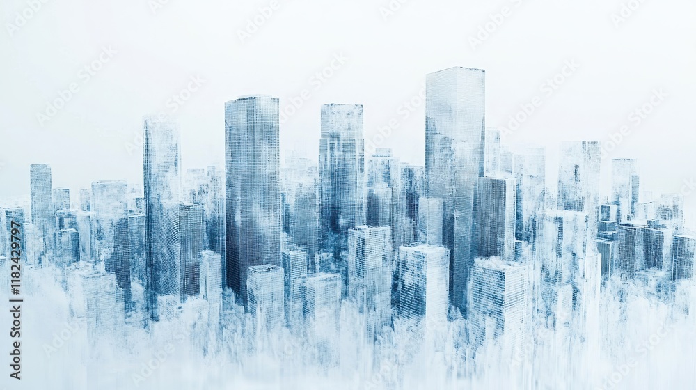 A translucent icy cityscape evokes a sense of frozen time or a futuristic metropolis. Ideal for backgrounds showcasing themes of winter, technology, or resilience. A translucent icy cityscape evokes a sense of frozen time or a futuristic metropolis. Ideal for backgrounds showcasing themes of winter, technology, or resilience.