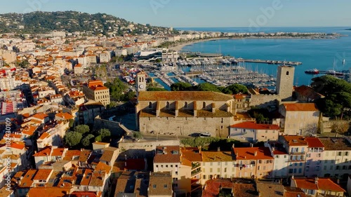 aerial view of Cannes beach and Cannes port with luxury yachts, resort on French Riviera, famous film festival is held in Cannes