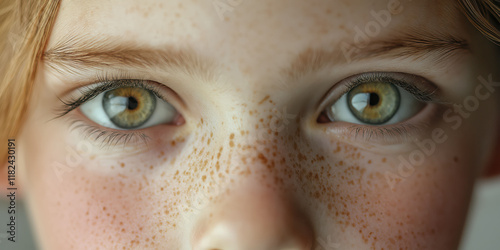 Close-up of young caucasian child with freckles and green eyes