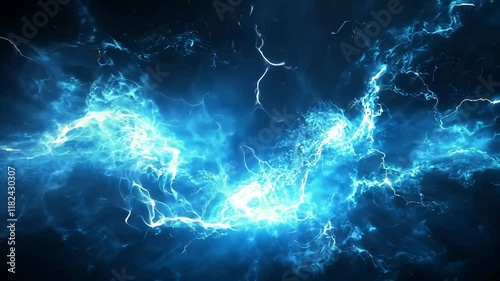 Dramatic electric blue lightning bolts dancing through a dark atmosphere in a striking display of nature