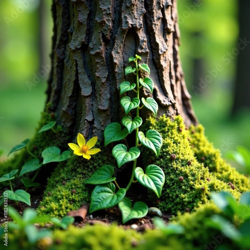 Lathraea squamaria crawling vines on tree trunk, spring growth, flowers, greenery photo