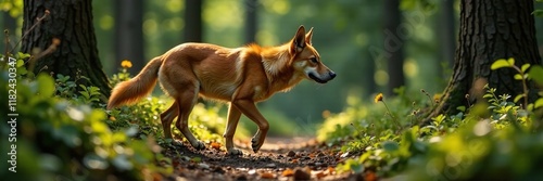 Perro huasco con cola larga y orejas pointiagudas caminando a trav?s del bosque, animales silvestres, colas largas, especies en peligro de extincion