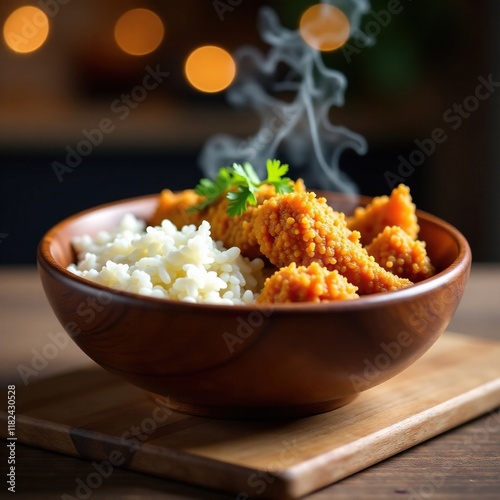 Steaming hot kebuli rice and fried chicken in a wooden bowl, savory, wood