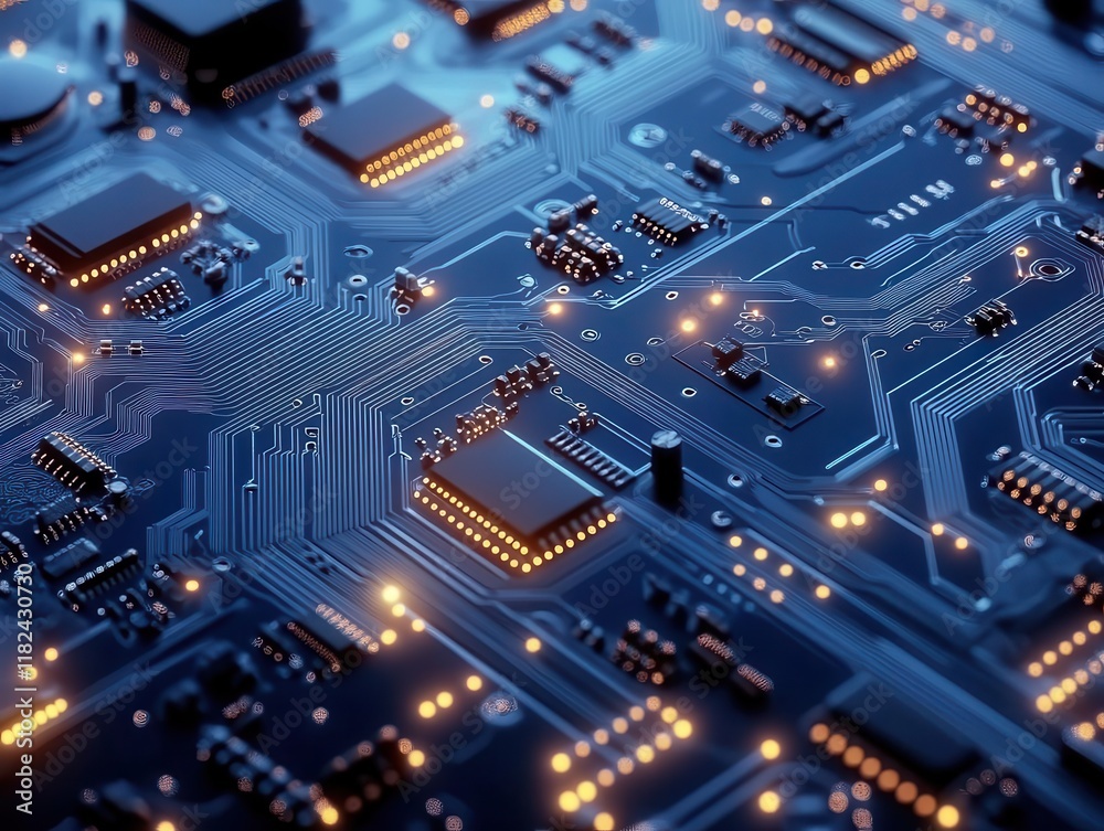 high-tech circuit board pattern with glowing connection lines and electronic components in blue and silver tones high-tech circuit board pattern with glowing connection lines and electronic components in blue and silver tones