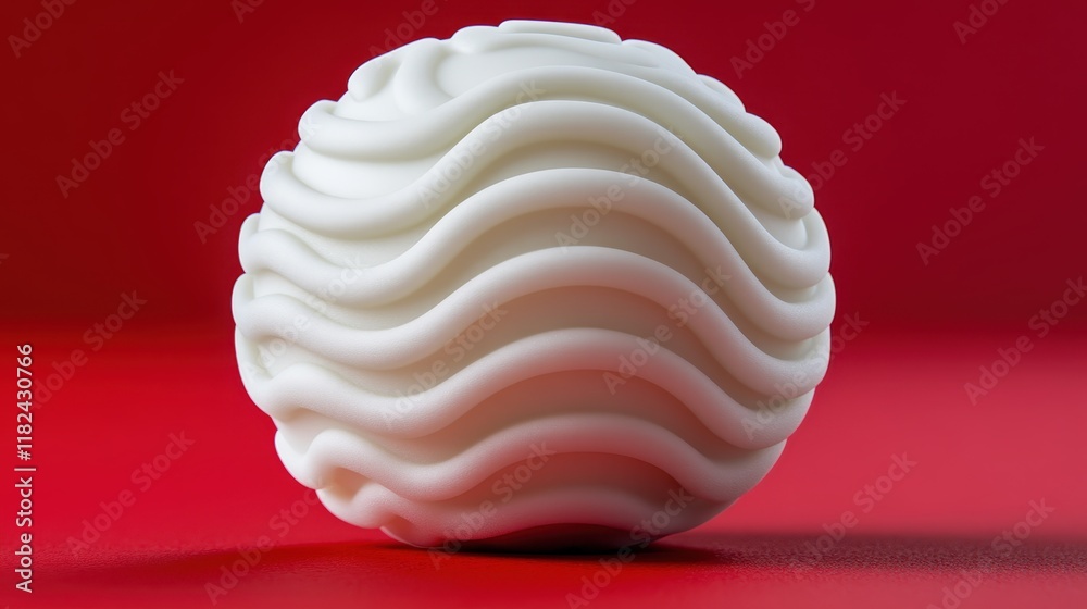 A white textured sphere with wavy ridges sits on a red background. Ideal for abstract art or 3D design projects. A white textured sphere with wavy ridges sits on a red background. Ideal for abstract art or 3D design projects.