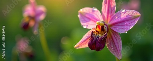 Delicate petals of Late spider orchid Ophrys holoserica glisten with dew drops, ophrys holoserica, dewdrops