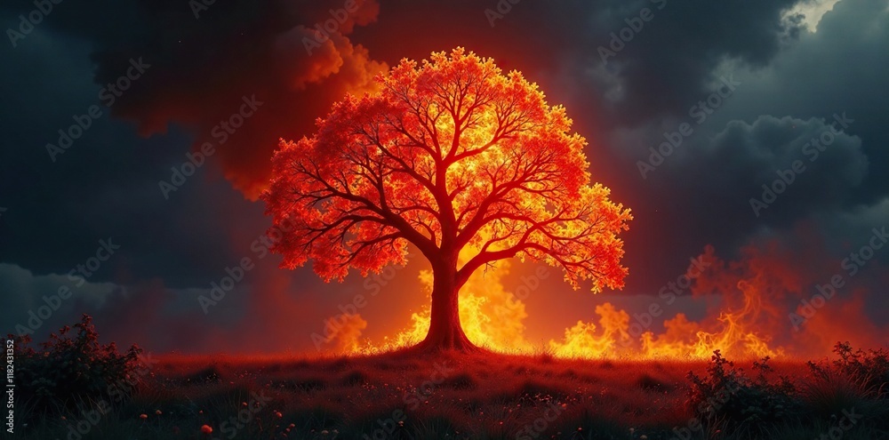 Fototapeta premium A blazing tree engulfing its surroundings with a fiery blaze, nature, flames, tree