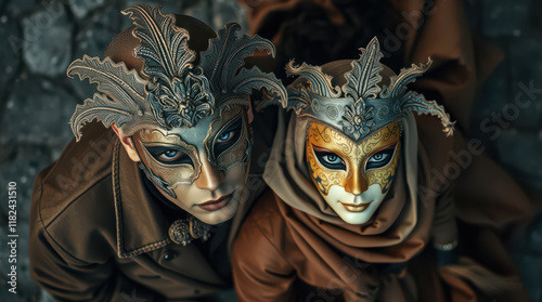 couple in carnival costumes and masks, photo realistic illustration