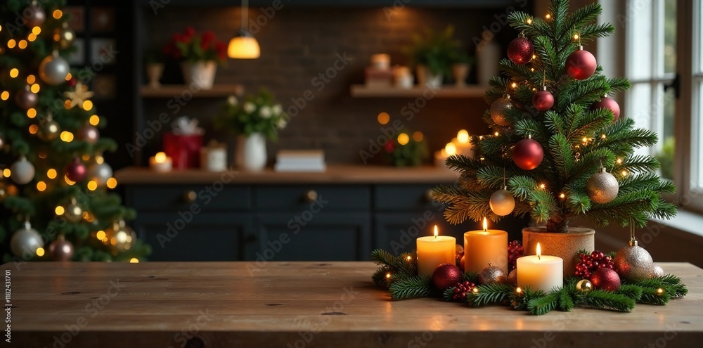 Festive wooden table with festive decorations and a large Christmas tree, warm, large christmas tree, centerpiece Festive wooden table with festive decorations and a large Christmas tree, warm, large christmas tree, centerpiece