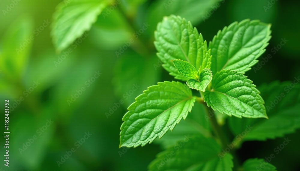 Fresh mint leaves with delicate texture and intricate veins, plant, herb, green Fresh mint leaves with delicate texture and intricate veins, plant, herb, green