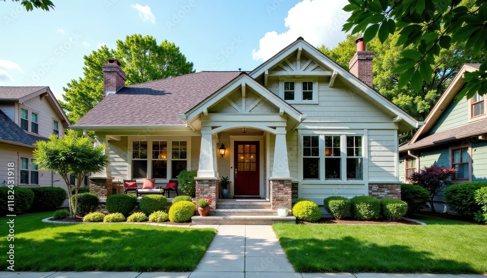 Classic Craftsman bungalow with contemporary accents in a suburban subdivision, wooden shutters, craftsman cottage Classic Craftsman bungalow with contemporary accents in a suburban subdivision, wooden shutters, craftsman cottage