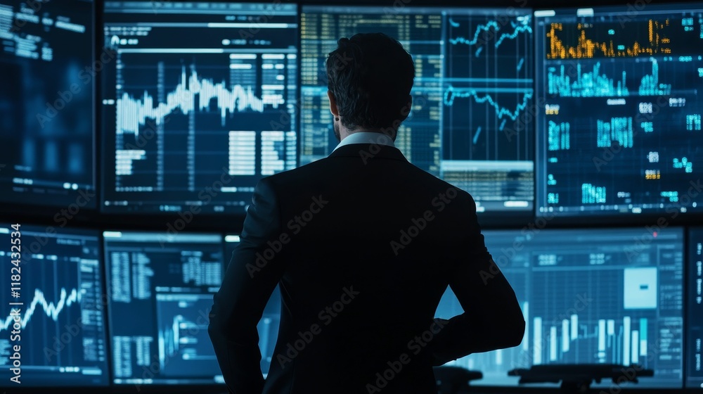 Businessperson observing financial data on monitors.