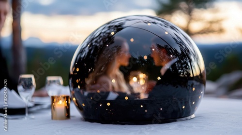 A couple sitting at a table with candles in front of them