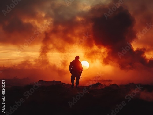 lone soldier silhouette against dramatic battlefield sunset powerful emotional war photography with atmospheric smoke and military equipment