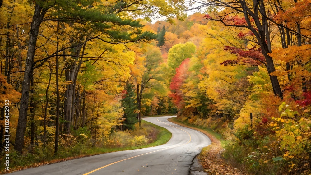 Obraz premium A curving road framed by vivid autumn trees in shades of red, orange, and yellow, leading through a peaceful forest.
