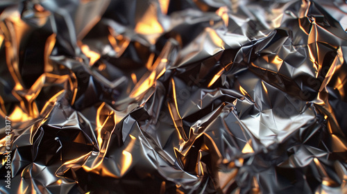 A close-up of shimmering metallic foil crumpled into intricate textures with golden highlights