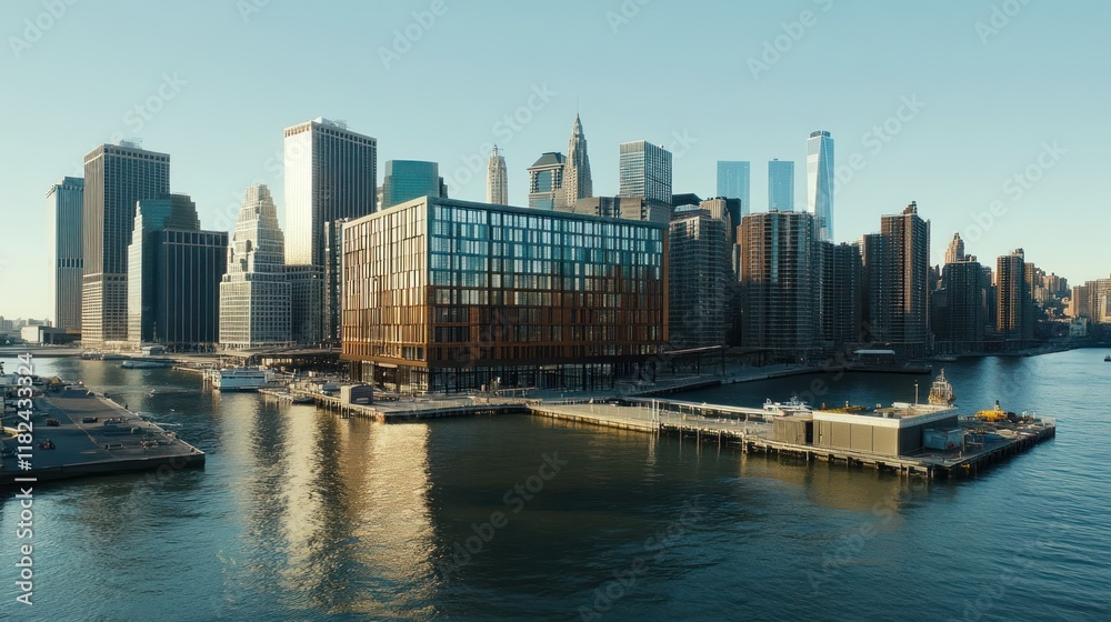 Modern cityscape skyline reflecting on calm water. Modern cityscape skyline reflecting on calm water.