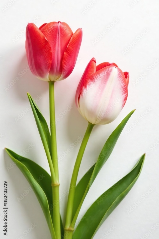 Naklejka premium Delicate tulip blooms on crisp white background, red, white, flowers