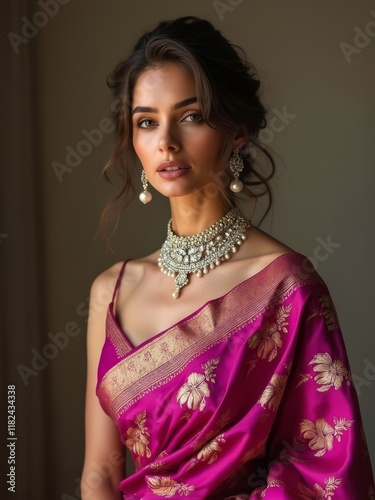 Caucasian model in a Kanjeevaram saree with a brocade blouse, gold choker, and jhumkas, half-body portrait. photo